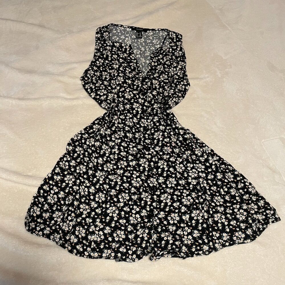 forever 21 black ditsy daisy floral button up mini dress size medium